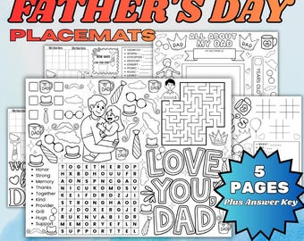 Mantel individual imprimible con actividades para el Día del Padre, juego de 5 páginas, Todo sobre mi papá, Sopa de letras, Rompecabezas y juegos para niños