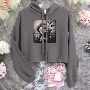 Vintage Peony Crop Hoodie Sweatshirt/ Hoodie/ Crop Sweatshirt/ Hoodie Top/ Oversize Sweatshirt/ Vintage Inspired Floral/ Black & White Print