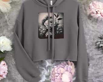 Vintage Peony Crop Hoodie Sweatshirt/ Hoodie/ Crop Sweatshirt/ Hoodie Top/ Oversize Sweatshirt/ Vintage Inspired Floral/ Black & White Print