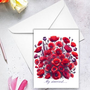 Red Poppy Bouquet Greeting Cards/ 10 Set of cards & envelopes/ Thank you cards/ Paper Gifts/ Stationary Set