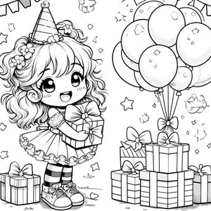 Dessin numérique - jolie illustration de fille à la fête, petite fille / dessin, page de livre de coloriage, art, artisanat, clipart, oeuvre d'art, croquis