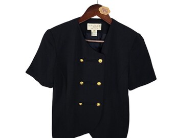 Traje Saville vintage, talla petite, azul marino, manga corta, blazer con botones dorados, talla 4P
