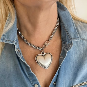 Oversized Heart Necklace, Chunky Silver Chain Choker, Large Heart Pendant, Love Necklace for Girlfriend, Perfect Gift for Wife