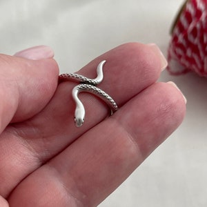 Op de afbeelding: Een zilveren slangenring met een gekruld ontwerp. De ring is verstelbaar en kan aan elke vinger worden gedragen.