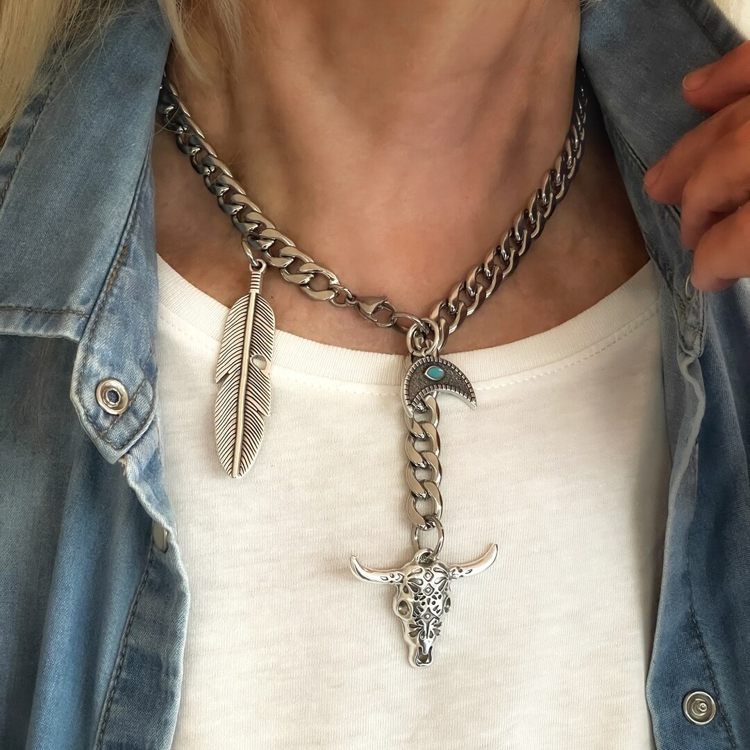 Bling Studded Western Bull Skull Pendant Long Necklace
