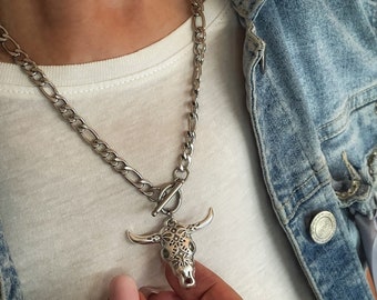 Stier-schedelketting, westerse Longhorn-sieraden, dierenschedelhanger, rodeo-bedel best verkochte items, dikke Figaro-ketting, cadeaus voor haar, hem