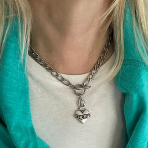 Sacred Heart Necklace, Flaming Heart Mexican Pendant, Stainless Steel Curb Chain, Silver Layered Necklace, Roses Heart Toggle Necklace
