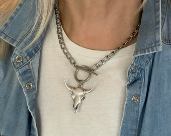 Western-stier-schedelketting, cowgirl-sieraden, dikke hanger, Longhorn Taurus-ketting, boho-verjaardagscadeau voor haar, hem
