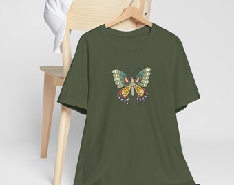 Koszulka dla dziewcząt z motywem motyla w stylu lat siedemdziesiątych T-shirt w stylu retro z motylem wiosenny prezent dla miłośników rysunku motyla ćmy koszulka z motywem ludowym