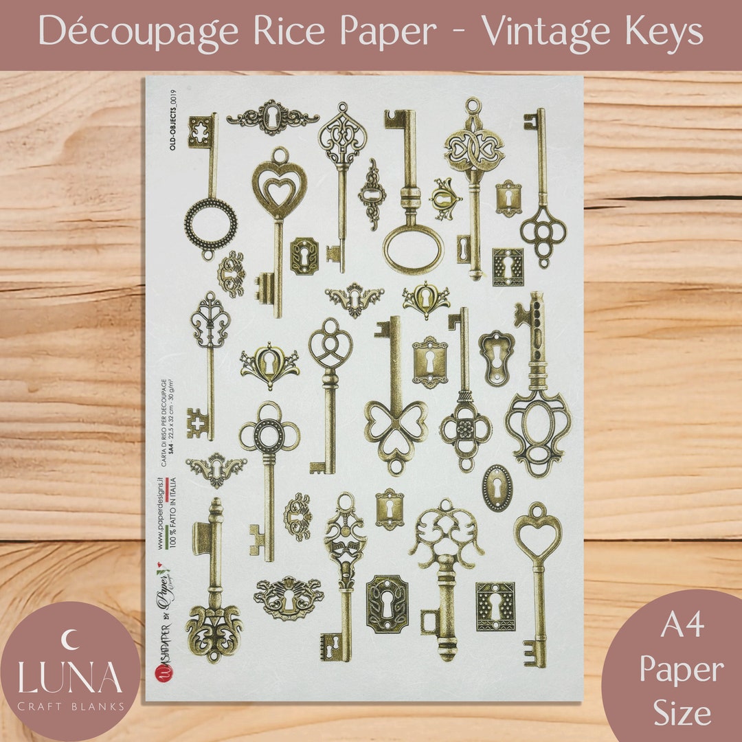 Fake Map Tea Rice Key Rice Paper for Decoupage, Vintage Keys A4 Sheet Printed Rice Paper for ...