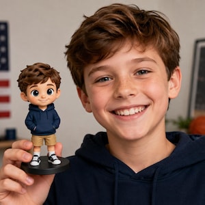 May include: A small figurine of a young person with brown hair, wearing a navy blue hooded sweatshirt, tan shorts, white socks, and black and white sneakers, standing on a circular black base, mirroring the appearance of the person holding it.