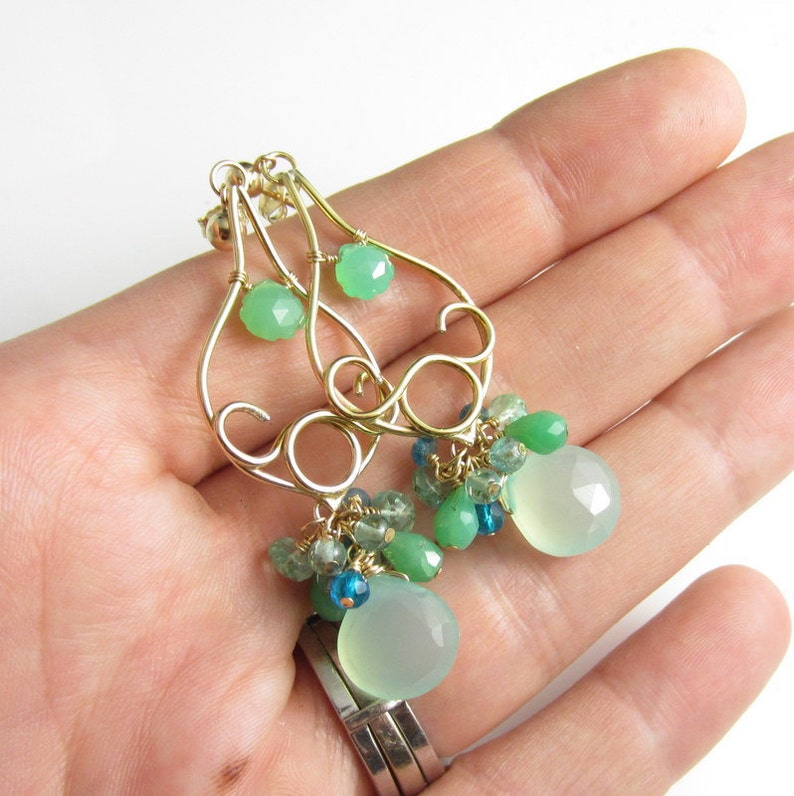 14k Gold Filled with Chrysoprase Spring Buds Earrings Chalcedony and Apatite