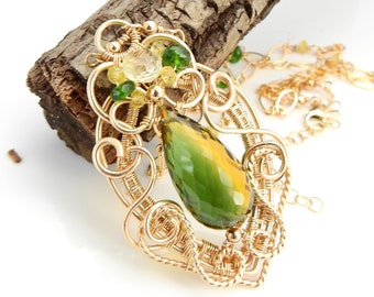 Golder Sunlight Through the Blades - Ametrine, Sapphire and Chrome Diopside in 14k Goldfill Wrapped Pendant
