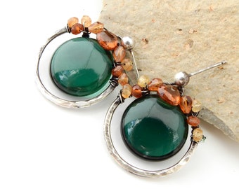 Forest Fairy Earrings - Green Amethyst and Hessonite Garnet on Sterling Silver Hoops