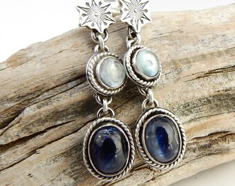 The Glistening Snowflakes Earrings - kyanite, aquamarine in sterling silver drops