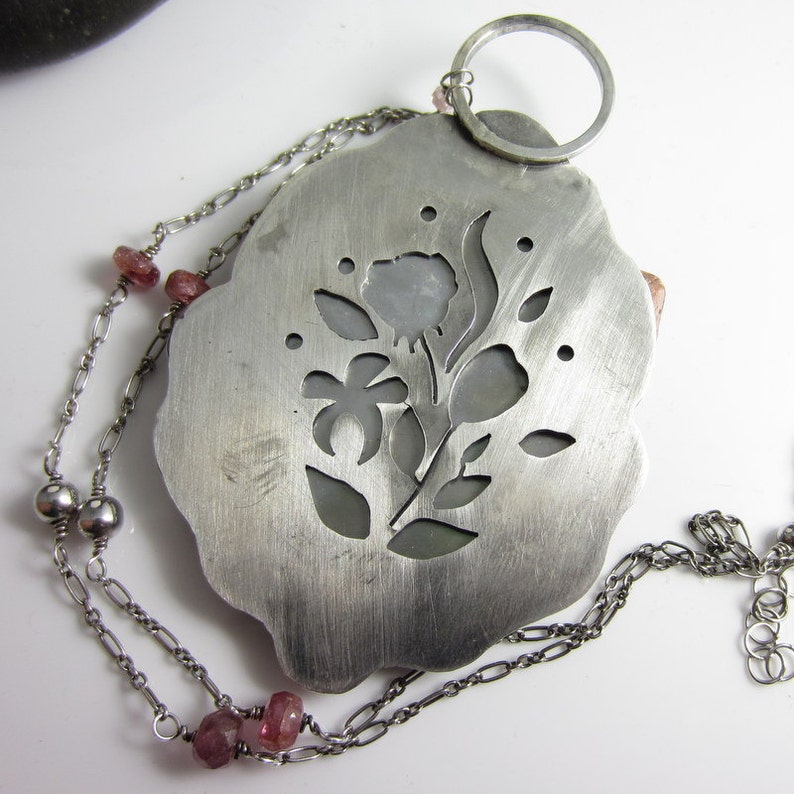 Carved Paua Shell in Sterling Silver with Tourmaline The Secret Garden Necklace