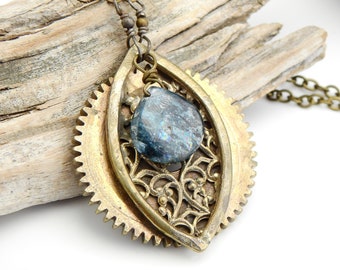 Wheel of Time Necklace - Vintage Brass Gear with Arabesque Pattern and Kyanite drop