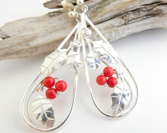 Holly Drop Earrings - Handcrafted holly vines with coral berries