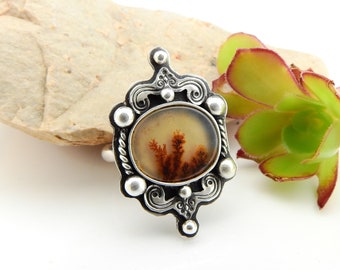 Among the Reeds Ring - Dendritic Agate in Sterling Silver - Size 7-1/4US