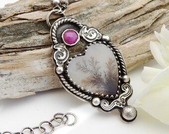 Deep Rooted Heart Necklace - Dendritic Agate and Star Ruby in Sterling Silver