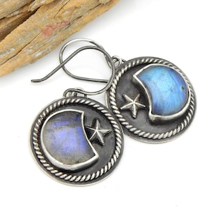 Blue Moons Earrings - Labradorite Moons in Sterling Silver with Stars