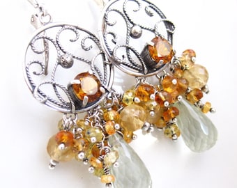 Mint and Honey Earrings - Prasiolite, Sapphire, Citrine and Sterling Filigree