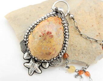 Along the Reef Necklace - Fossilized Coral in Sterling Silver with Citrine and Garnet