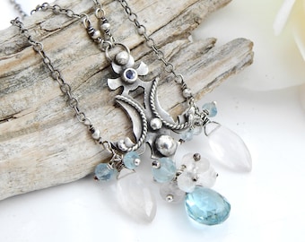The Parlor Chandelier Necklace - Topaz, Rose Quartz and Aquamarine in Sterling Silver
