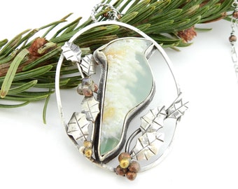 Winters Bird Necklace - Plume Agate Cardinal in Sterling Silver with Brass and Copper Holly Berries