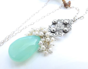 Aqua Chalcedony and Freshwater Pearl Waterfall Necklace in Sterling and Fine Silver