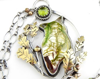 The Forest Guardian Necklace - Resin Cast Moss Owl with Mixed Metal Pendant and Peridot