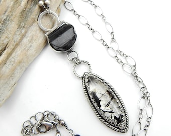 Black Waterfall Necklace - Tourmalinated Quartz and Black Tourmaline Crystal in Sterling Silver