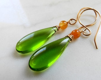 Pistachio Earrings  - Bright Green Hydrothermal Quartz Drops with Citrine in 14k Goldfill