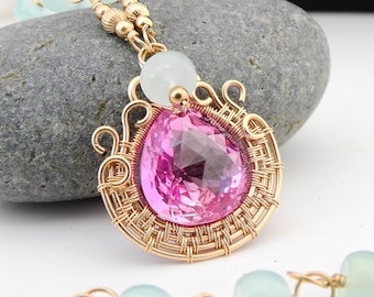 The First Bloom of Spring Necklace -Pink Topaz in 14k Goldfill Wrapped Pendant with Aqua Chalcedony