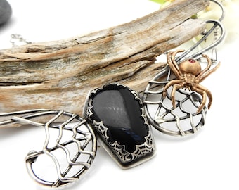 Caught in the Web Necklace - Bronze Black Widow Spider and Web in Sterling Silver