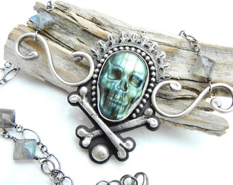 Splendor in Death Necklace - Skull and Crossbones in Labradorite and Sterling Silver