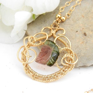 Carved Watermelon Tourmaline and 14k Gold Fill Wire Necklace image 1