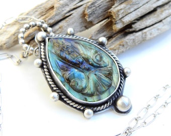 Mystic Smoke Necklace - Carved Labradorite Pendant set in Sterling Silver