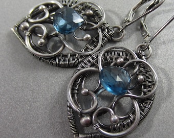Dew Drops Earrings - Sterling and Fine Silver Wrapped with London Blue Topaz