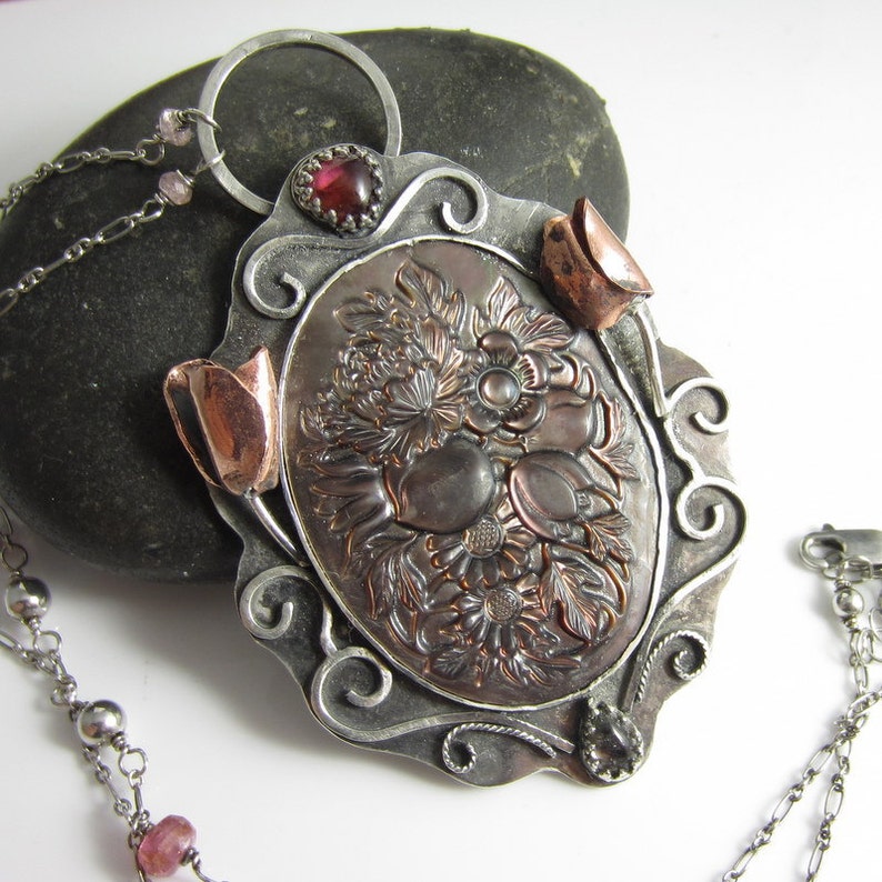 Carved Paua Shell in Sterling Silver with Tourmaline The Secret Garden Necklace