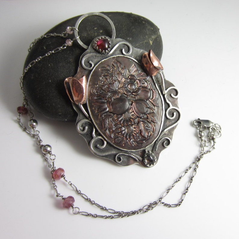 Carved Paua Shell in Sterling Silver with Tourmaline The Secret Garden Necklace