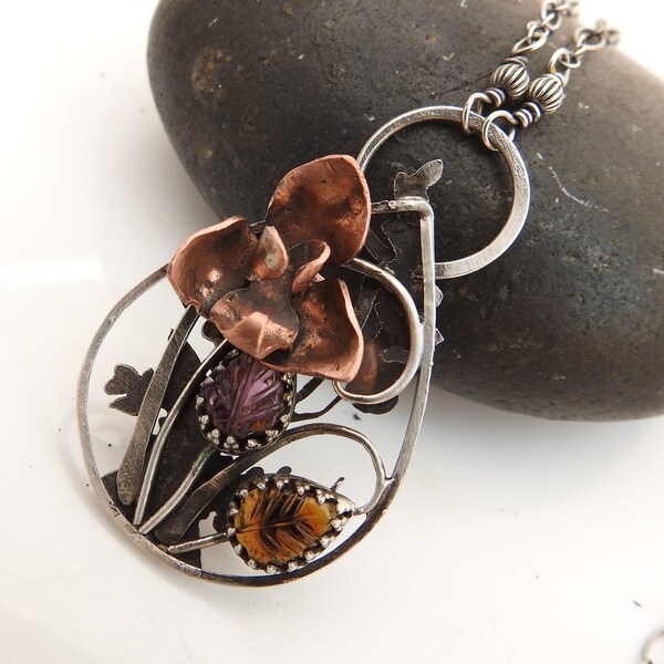 Un Petit Bouquet Necklace - Hand-pierced sterling silver with copper orched and carved tourmaline leaves