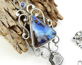 Clear Winter Skies Necklace - Boulder Opal and Sapphire in Elegant Sterling Silver With Snowflake