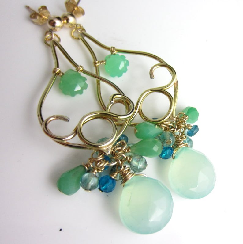 14k Gold Filled with Chrysoprase Spring Buds Earrings Chalcedony and Apatite