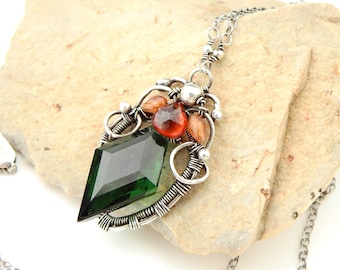 Forest Fairy Necklace - Green Amethyst and Hessonite Garnet in Silver Wrapped Pendant