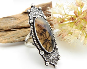 The Dandelion  Ring - Dendritic Agate in Sterling Silver - Size 7