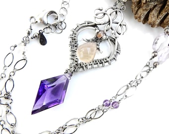 The Purple Fairy Necklace - Amethyst Kite and Ametrine in Sterling and Fine Silver Wrapped Pendant