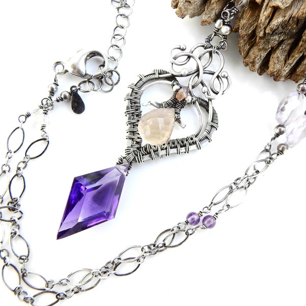 The Purple Fairy Necklace - Amethyst Kite and Ametrine in Sterling and Fine Silver Wrapped Pendant