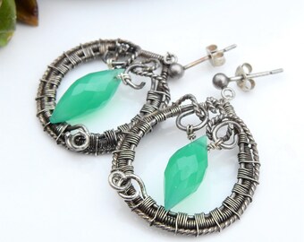 Drops of Envy Earrings - Green Onyx in Wire Wrapped Silver Hoops