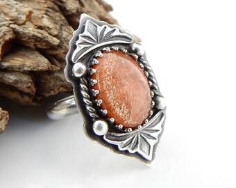 Sun Glitter Ring - Confetti Sunstone in Sterling Silver Victorian-Inspired Ring - Size